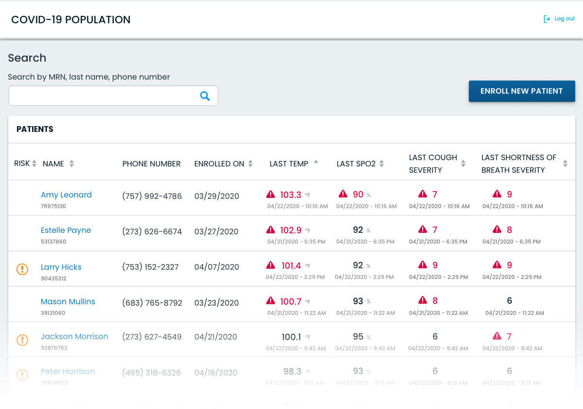 An example of how Validic’s coronavirus monitoring platform would appear to users.