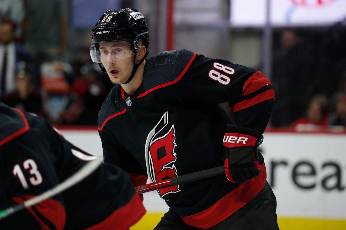 Carolina Hurricanes’ Martin Necas (88) watches the puck against the New York Rangers during the first period of Game 7 of an NHL hockey Stanley Cup second-round playoff series in Raleigh, N.C., Monday, May 30, 2022. (AP Photo/Karl B DeBlaker)
