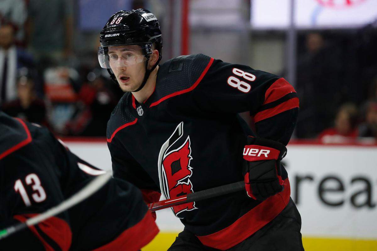 Carolina Hurricanes’ Martin Necas (88) watches the puck against the New York Rangers during the first period of Game 7 of an NHL hockey Stanley Cup second-round playoff series in Raleigh, N.C., Monday, May 30, 2022. (AP Photo/Karl B DeBlaker)