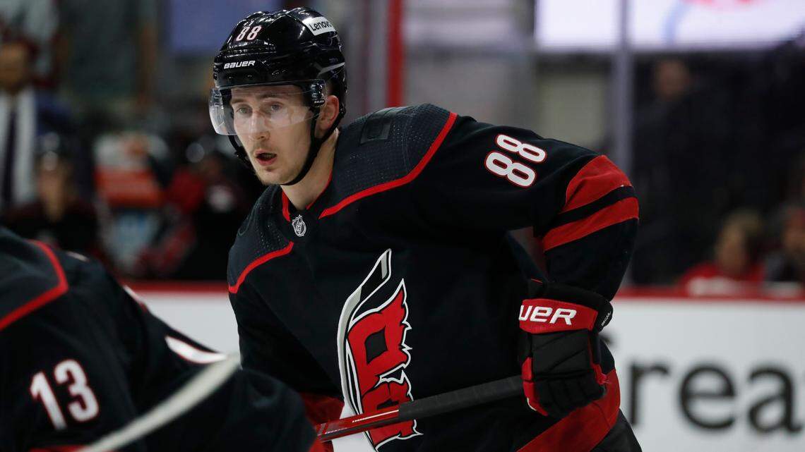 Carolina Hurricanes forward Martin Necas (88) competes against New York Rangers during Game 7 of Stanley Cup playoff series at PNC Arena. The Canes could make their black uniforms their primary home uniforms in 2022-23.