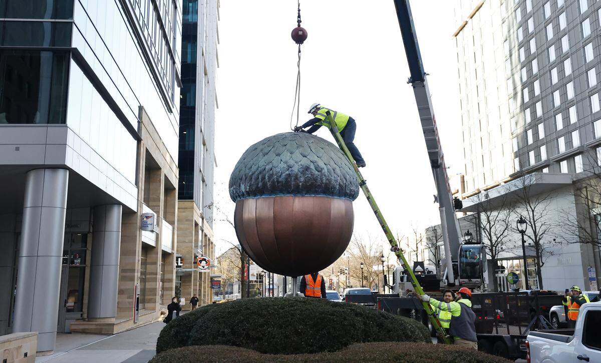 The Raleigh acorn sculpture is picked up by crane to be moved from City Plaza in downtown Raleigh, on Dec. 16. The 10-foot tall, 1,250-pound sculpture was taken to artist David Benson’s studio to be polished and returned in time for its drop on New Year’s Eve during First Night Raleigh.