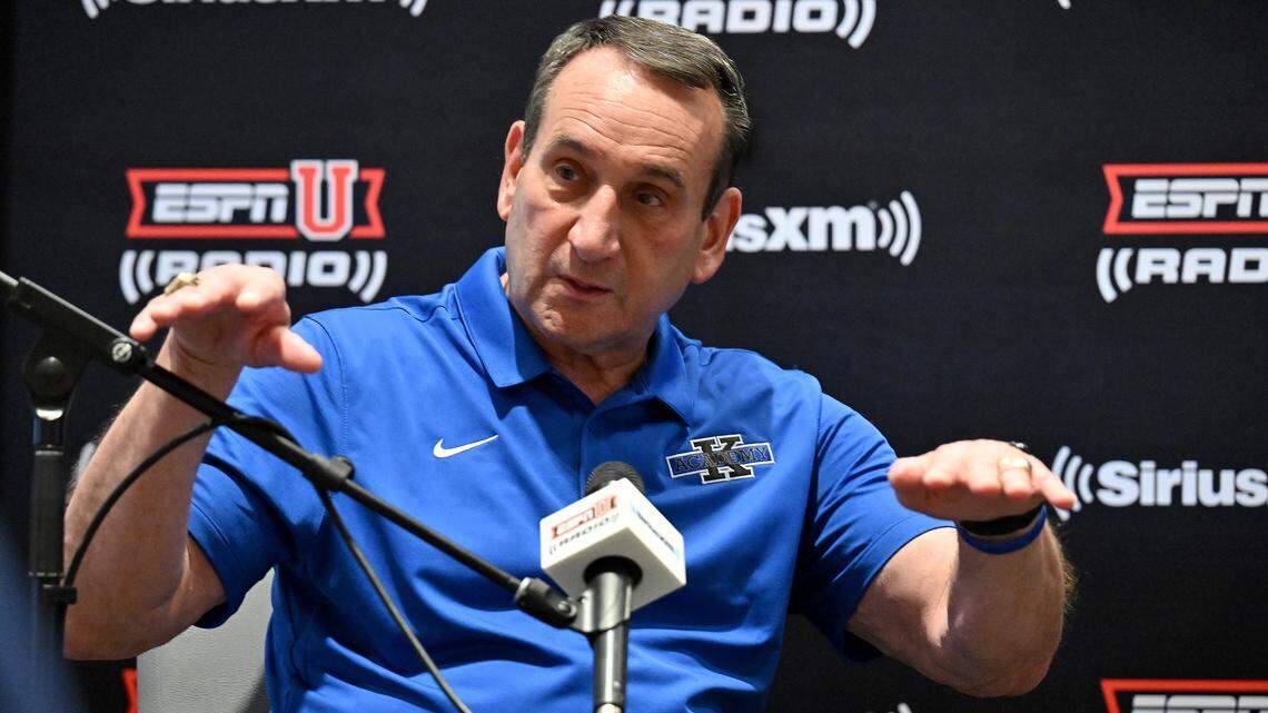 Mike Krzyzewski, retired head coach of the Duke Blue Devils men’s basketball team, tapes an episode of his SiriusXM show during a SiriusXM Town Hall With Coach K event at Cameron Indoor Stadium on June 02, 2022 in Durham, North Carolina.