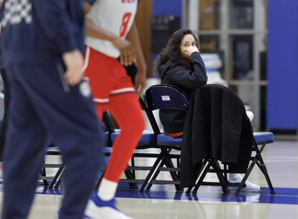 Sue Bird, managing director of the USA Basketball Women’s National Team, watches during training camp on Friday, Dec. 12, 2025, in Durham, N.C.