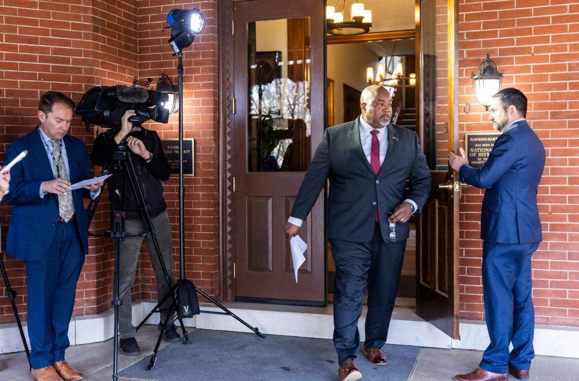 North Carolina Republican Lt. Gov. Mark Robinson, a gubernatorial candidate, walks to the lectern during a press conference at the Office of the Lieutenant Governor in Raleigh on Monday, March 18, 2024. Robinson urged the federal government to provide state leaders with additional information regarding a man arrested in Gates County last week after a standoff with law enforcement.