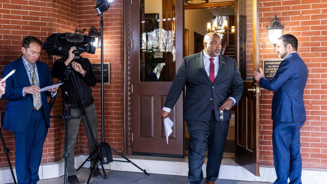 North Carolina Republican Lt. Gov. Mark Robinson, a gubernatorial candidate, walks to the lectern during a press conference at the Office of the Lieutenant Governor in Raleigh on Monday, March 18, 2024. Robinson urged the federal government to provide state leaders with additional information regarding a man arrested in Gates County last week after a standoff with law enforcement.