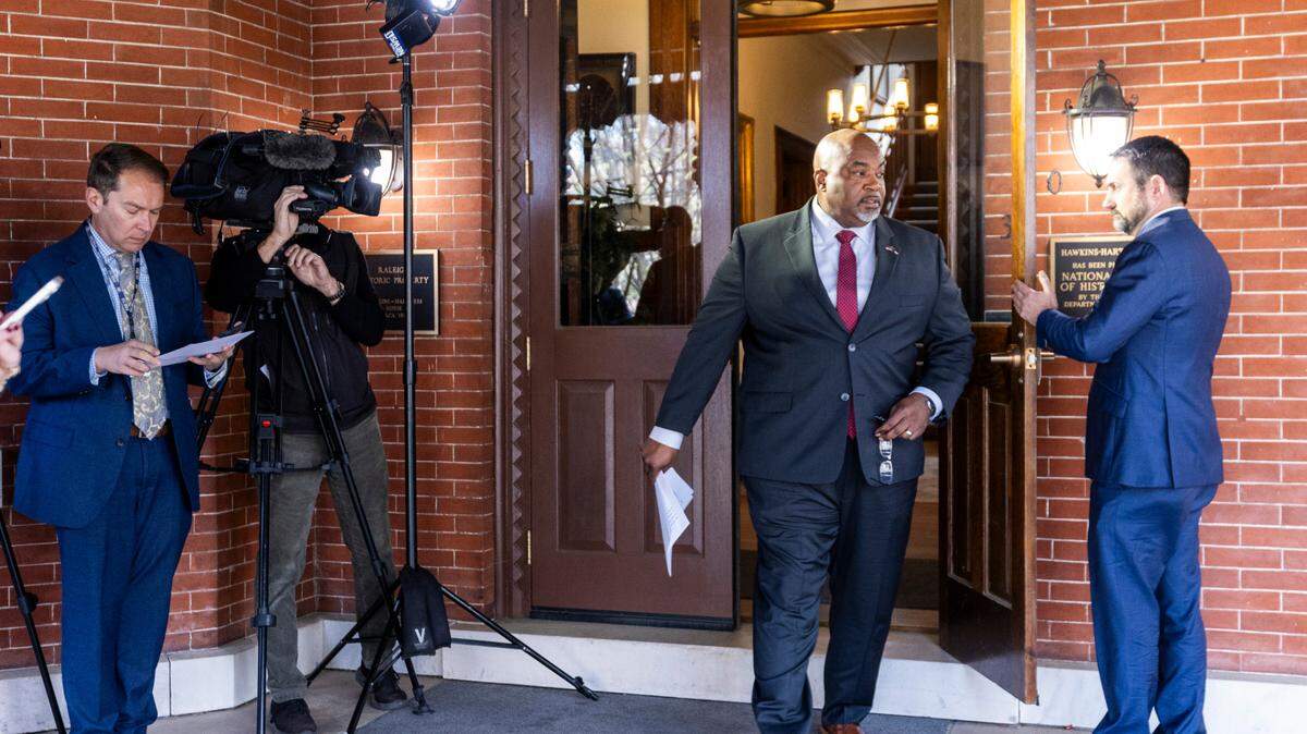North Carolina Republican Lt. Gov. Mark Robinson, a gubernatorial candidate, walks to the lectern during a press conference at the Office of the Lieutenant Governor in Raleigh on Monday, March 18, 2024. Robinson urged the federal government to provide state leaders with additional information regarding a man arrested in Gates County last week after a standoff with law enforcement.