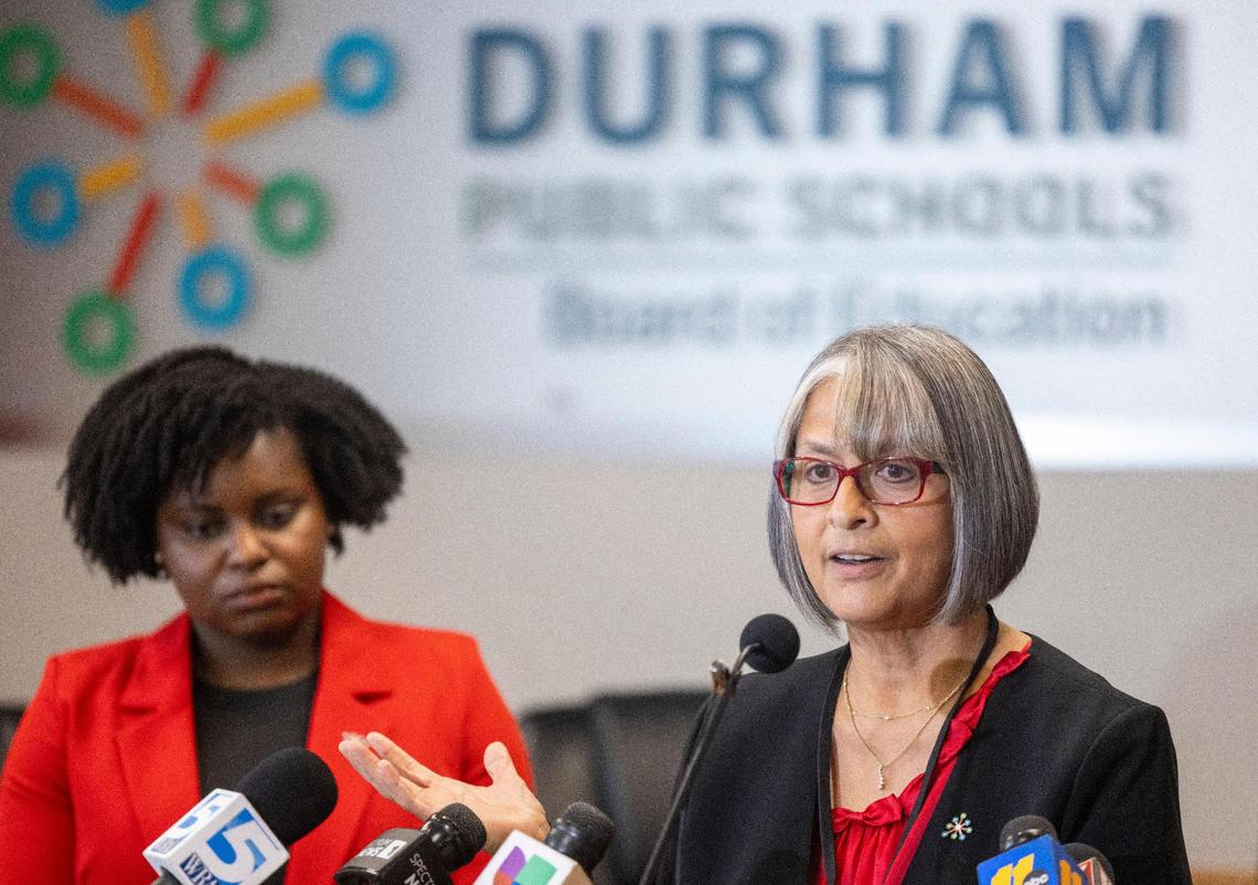 Catty Moore, Interim Superintendent of Durham Schools, flanked by Bettina Umstead, the School Board Chair, fields questions during a press briefing on Wednesday, February 14, 2024 in Durham, N.C.