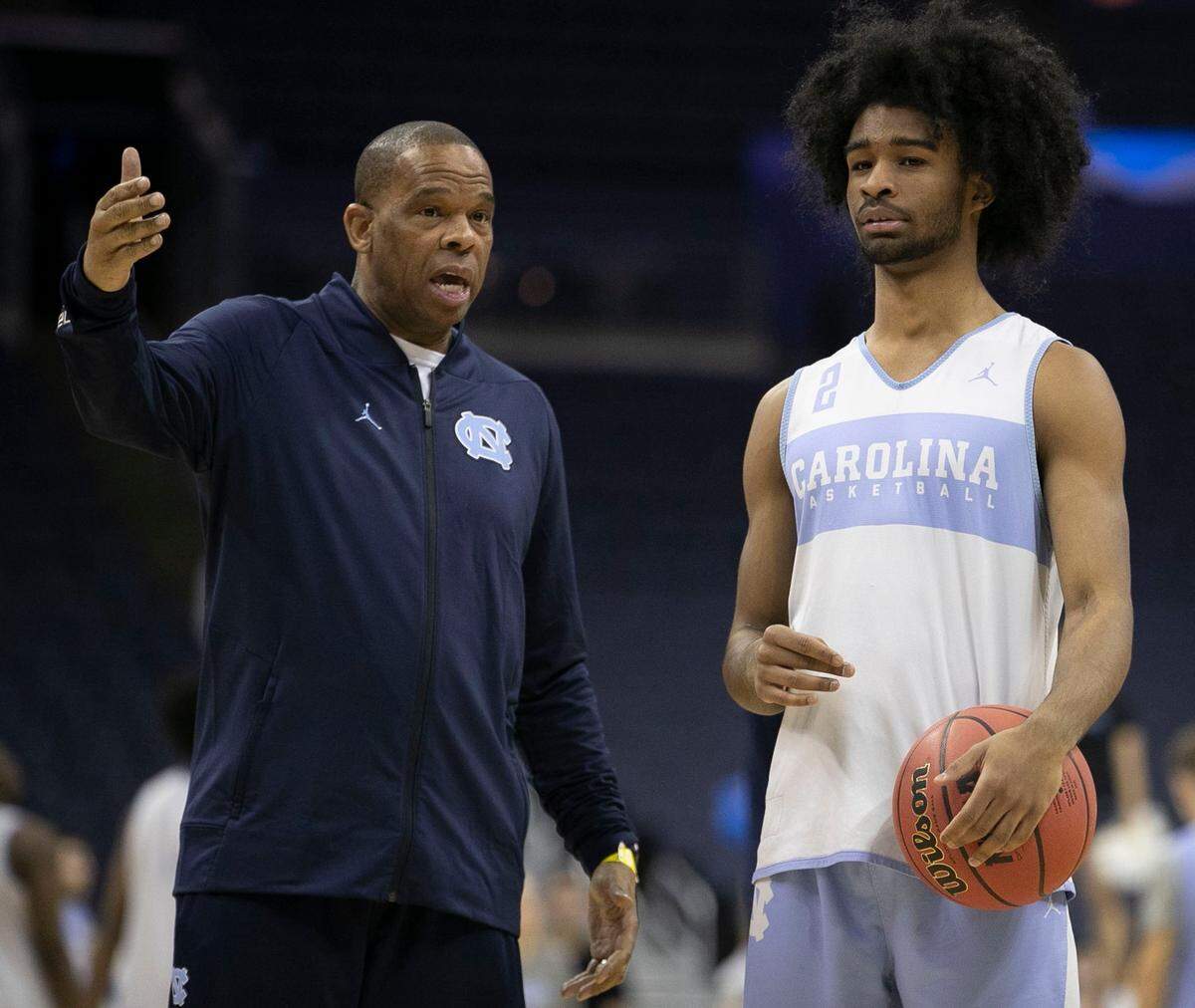 North Carolina assistant coach Hubert Davis talks with Coby White (2) during the Tar Heels’ practice on Thursday, March 21 2019 at Nationwide Arena in Columbus, Ohio.