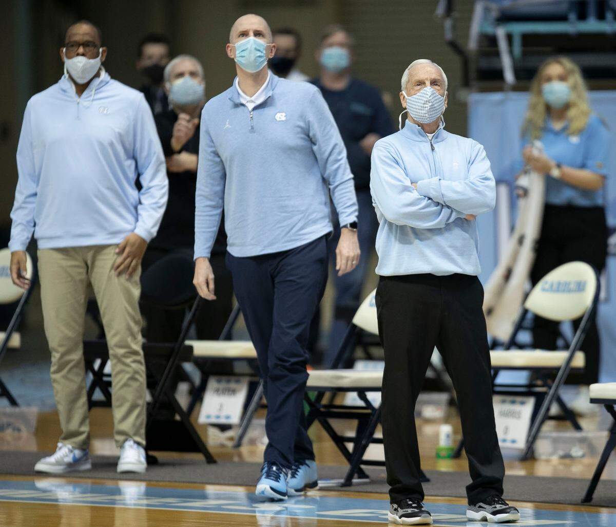 North Carolina coach Roy Williams watches the replay after a foul against the Tar Heels during the first half against Marquette on Wednesday, February 24, 2021 at the Smith Center in Chapel Hill, N.C.
