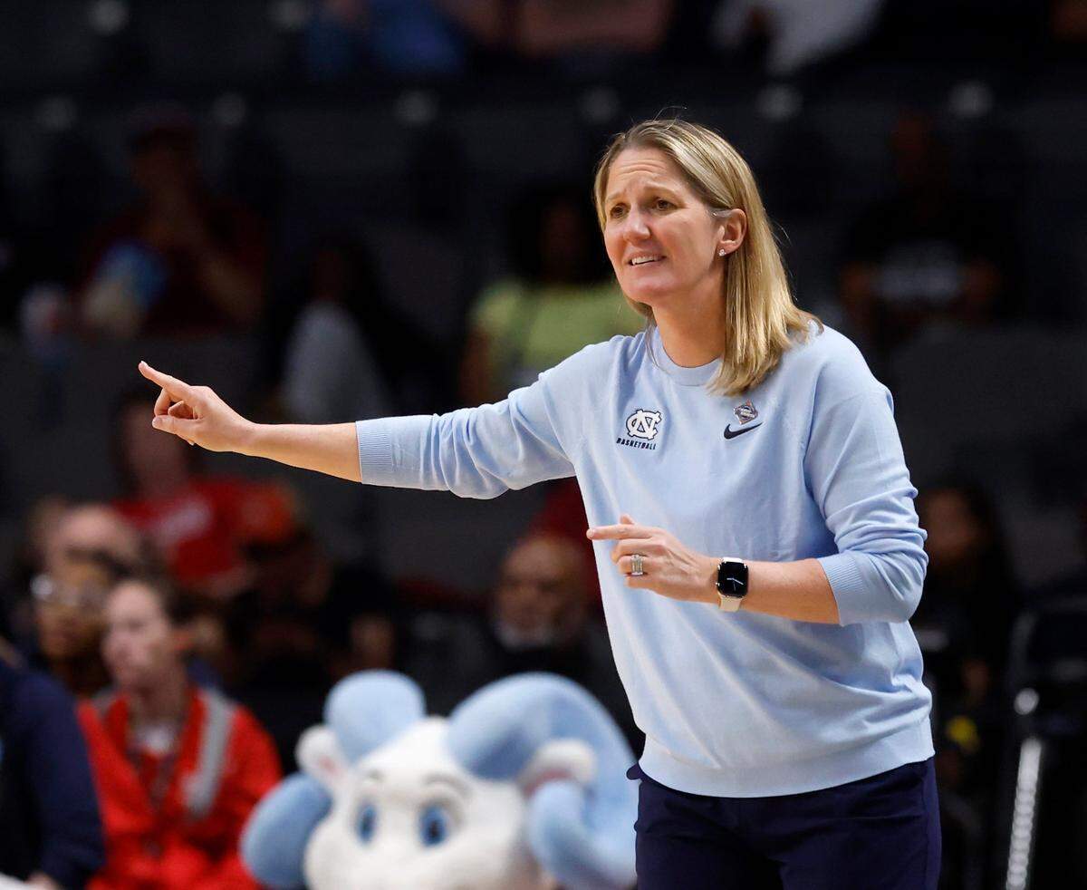 North Carolina head coach Courtney Banghart reacts during the second half of the Tar Heels’ 47-38 loss to Duke in the Birmingham Regional of the NCAA Tournament at Legacy Arena on Friday, March 28, 2025 in Birmingham, Ala.