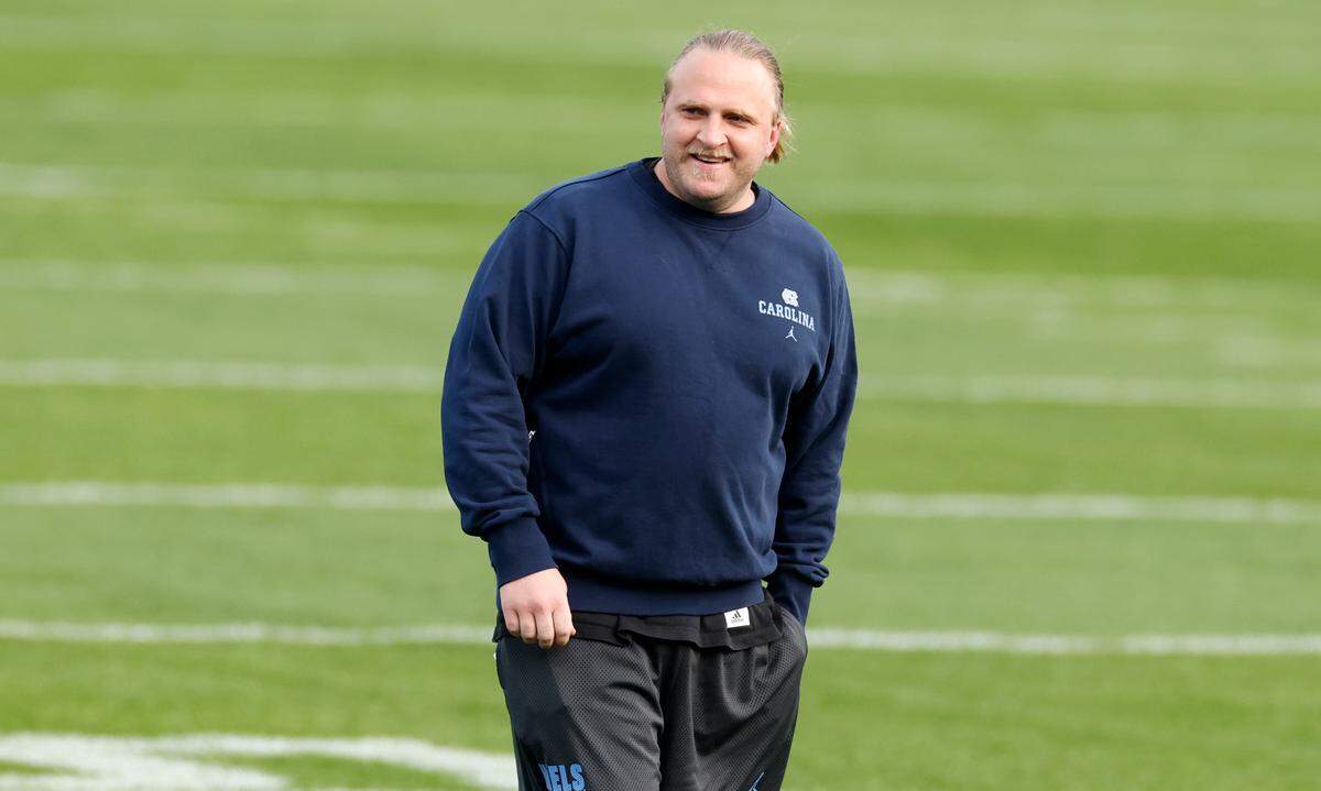 North Carolina defensive coordinator Steve Belichick gets ready for UNC football’s Practice Like a Pro open practice at Kenan Stadium in Chapel Hill, N.C., Saturday, April 12, 2025.