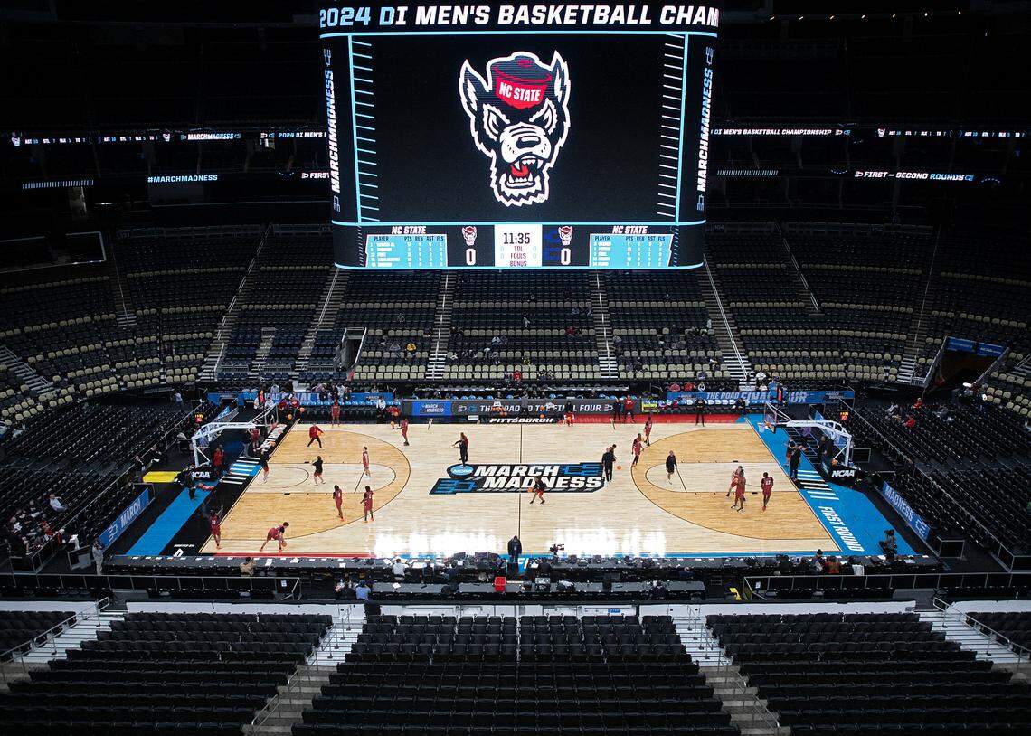 N.C. State men’s basketball practices on Wednesday, March 20, 2024, at PPG Paints Arena in Pittsburgh, Pa. The Wolfpack face sixth-seeded Texas Tech in the first round of the NCAA Tournament on Thursday.