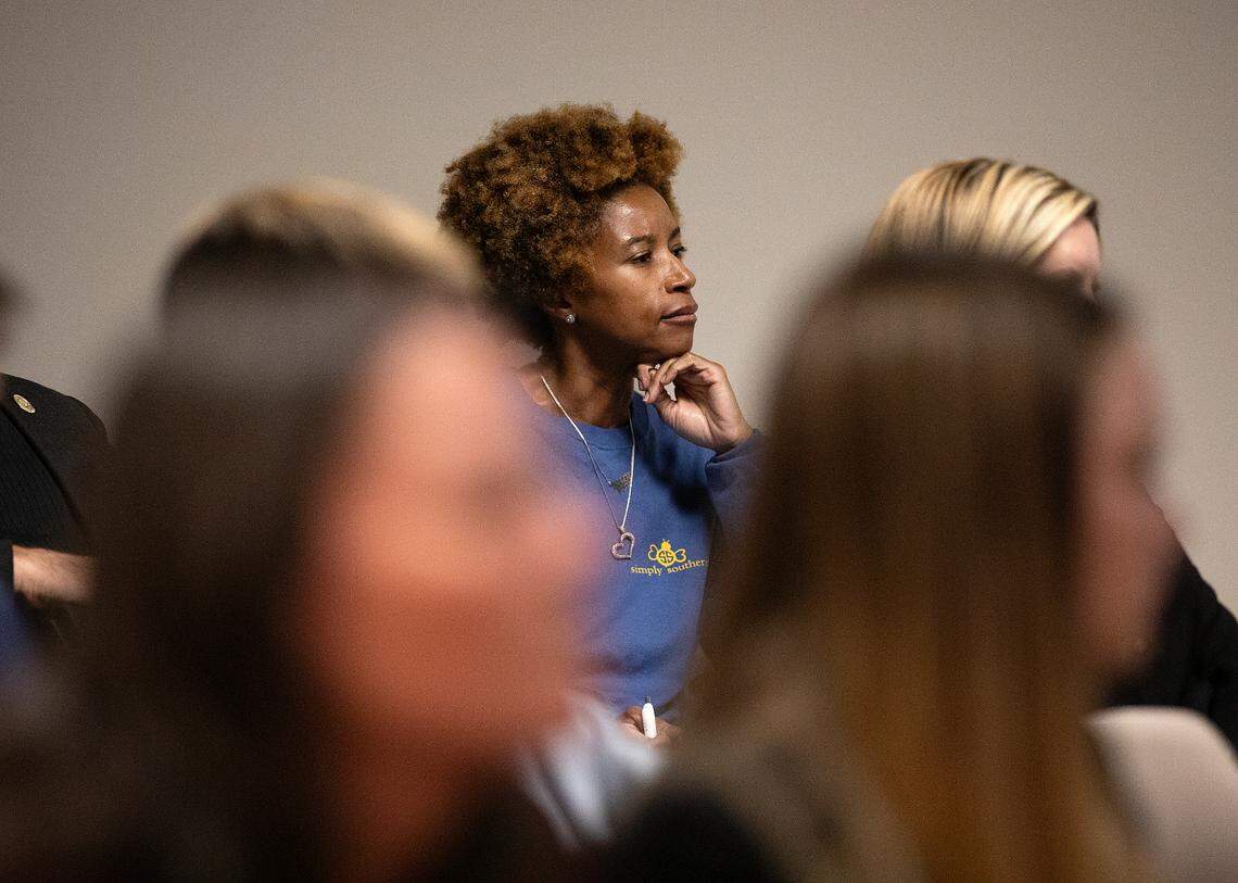 Tralene Williams listens as the NC State Health Plan Board of Trustees debates options for coverage of weight loss drugs during a meeting on Thursday, Jan. 25, 2024, in Raleigh, N.C. The board voted to end all plan coverage of weight loss drugs beginning April 1.