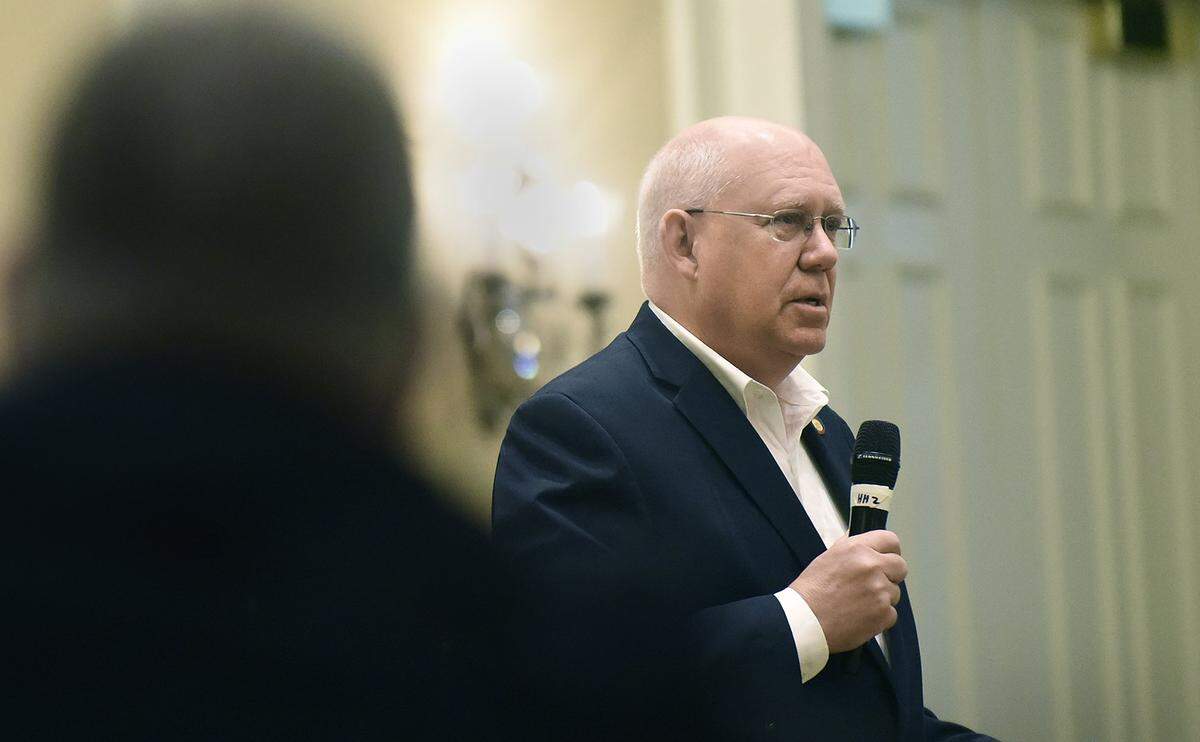 Rep. Bill Brawley spoke about a request from Matthews to look at the possibility of seceding from Charlotte Mecklenburg Schools at the Ballantyne Breakfast Club in April 2016.