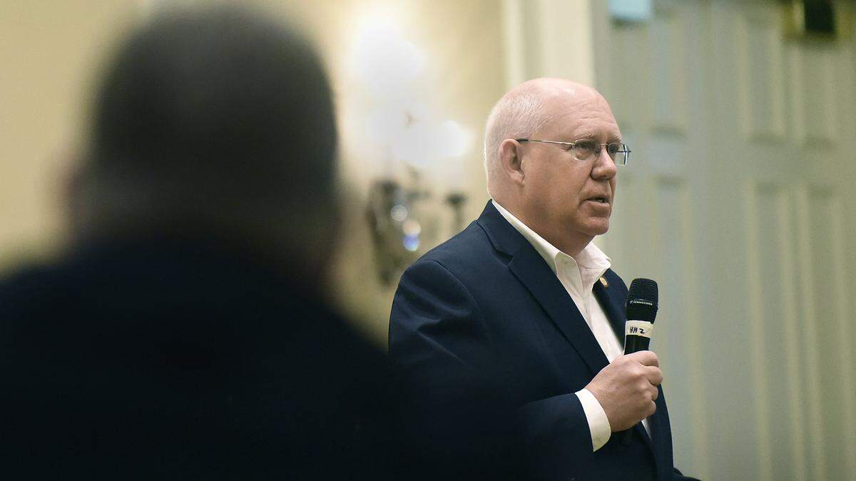 Rep. Bill Brawley spoke about a request from Matthews to look at the possibility of seceding from Charlotte Mecklenburg Schools at the Ballantyne Breakfast Club in April 2016.