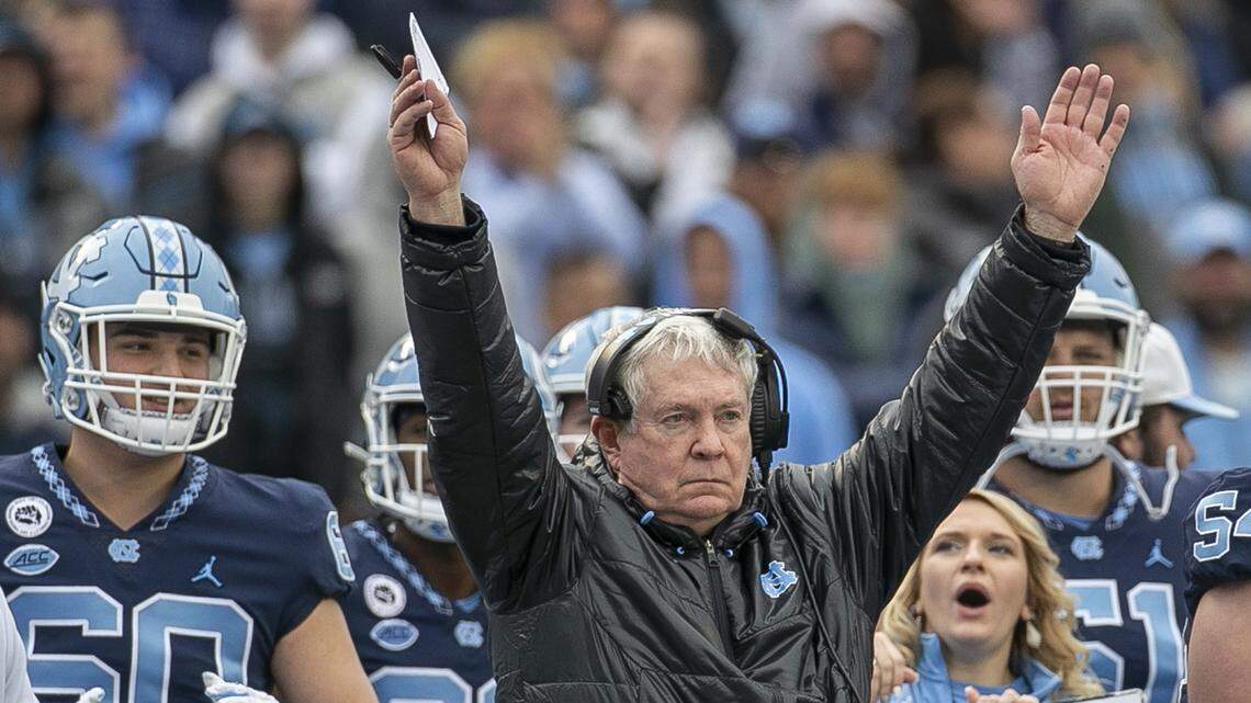 North Carolina coach Mack Brown reacts after the Tar Heels scored a touchdown and extra point to tie Wake Forest 48-48 in the fourth quarter on Saturday, November 6, 2021 at Kenan Stadium in Chapel Hill, N.C.