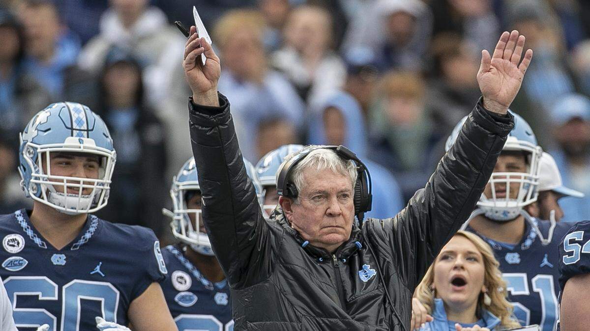 North Carolina coach Mack Brown reacts after the Tar Heels scored a touchdown and extra point to tie Wake Forest 48-48 in the fourth quarter on Saturday, November 6, 2021 at Kenan Stadium in Chapel Hill, N.C.