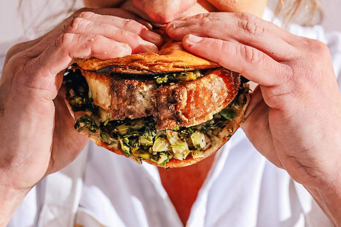 The menu at Vivian Howard’s new restaurant Counter includes smashburgers and butterbean burgers, dressed up twice baked potatoes, a bowl of greens dubbed “Viv’s Favorite Salad” and a decadent porchetta sandwich.