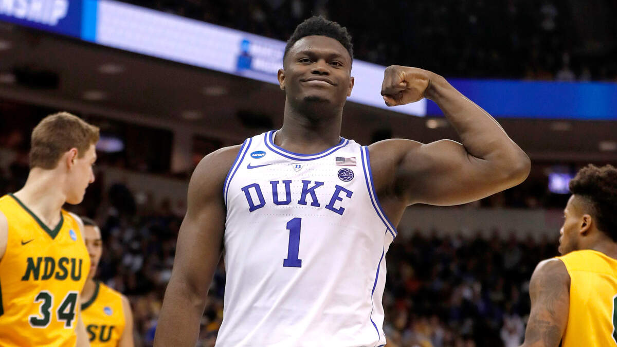 Duke’s Zion Williamson (1) celebrates after making the basket while being fouled during the second half of Duke’s 85-62 victory over North Dakota State in the first round of the NCAA Men’s Basketball Championship in Columbia, S.C., Friday, March 22, 2019.