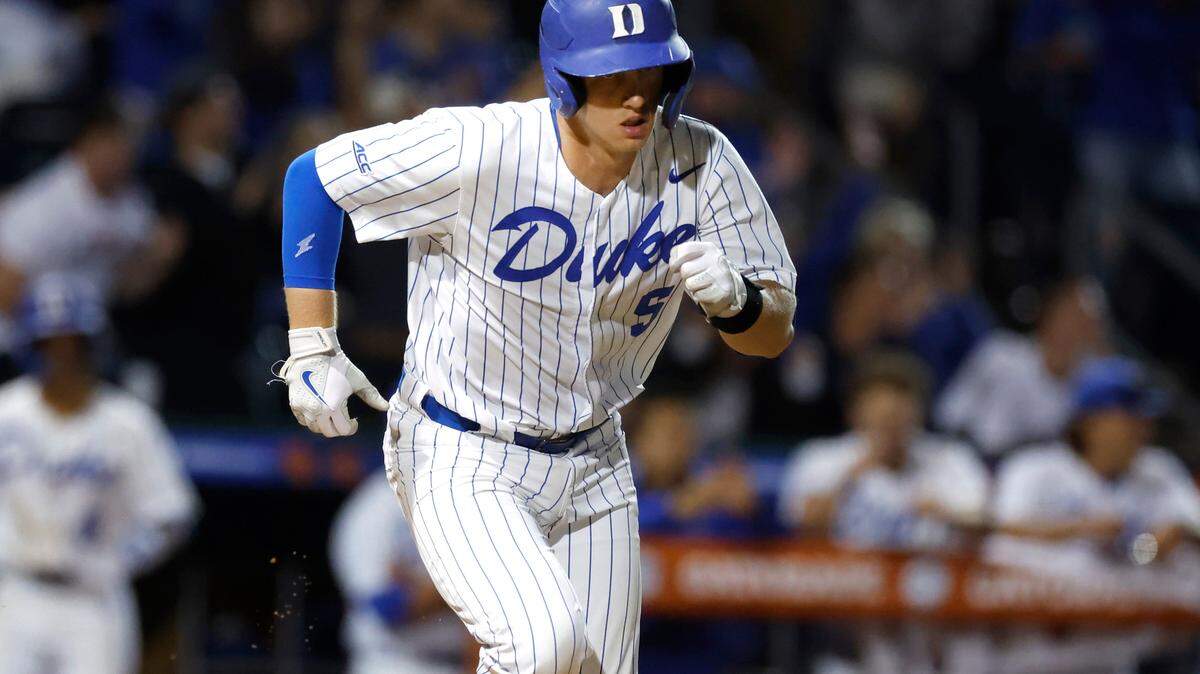 Duke’s Alex Stone (5) heads to first base after connecting with the ball during the Blue Devils game against N.C. State during the ACC Baseball Championship at the Durham Bulls Athletic Park in Durham, N.C., Tuesday, May 23, 2023.