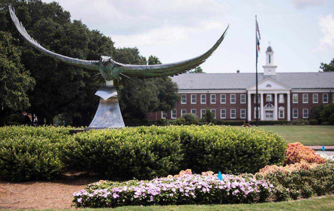 A statue of the Seahawk mascot at UNC Wilmington is pictured here on Friday, July 24, 2020.