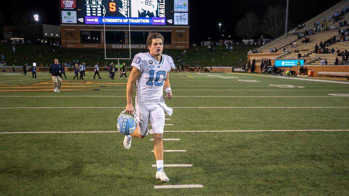 North Carolina quarterback Drake Maye (10) is the last to leave the field after doing a television interview following the Tar Heels’ 36-34 victory over Wake Forest on Saturday, November 12, 2022 at Truist Field in Winston-Salem, N.C. Maye passed from 448 yards and three touchdowns.