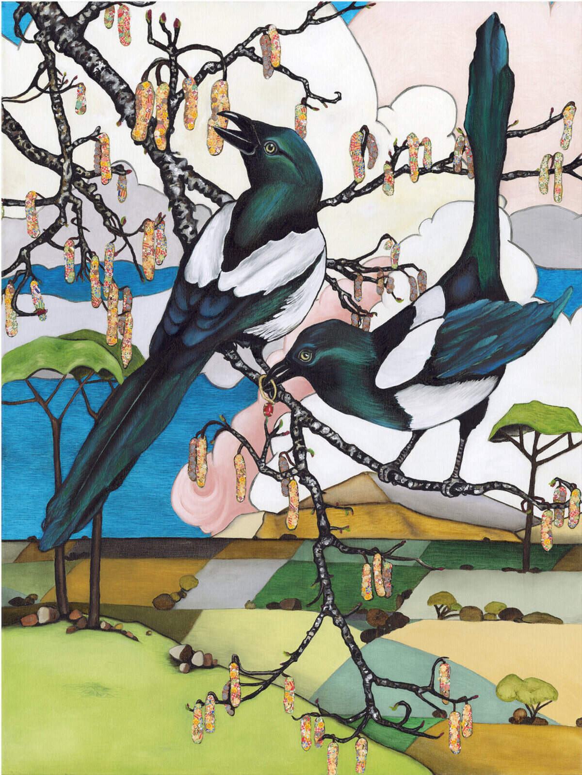 “Magpies,” a print by Jennifer Clifton of Cary, is featured in “Get off of My Cloud,” an exhibit curated by Horse & Buggy with works sold online in an auction.