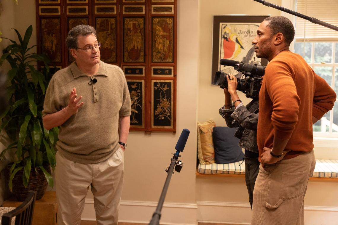 Colin Firth as Michael Peterson and Vincent Vermingnon as Jean-Xavier de Lestrade in the HBO Max series “The Staircase.”