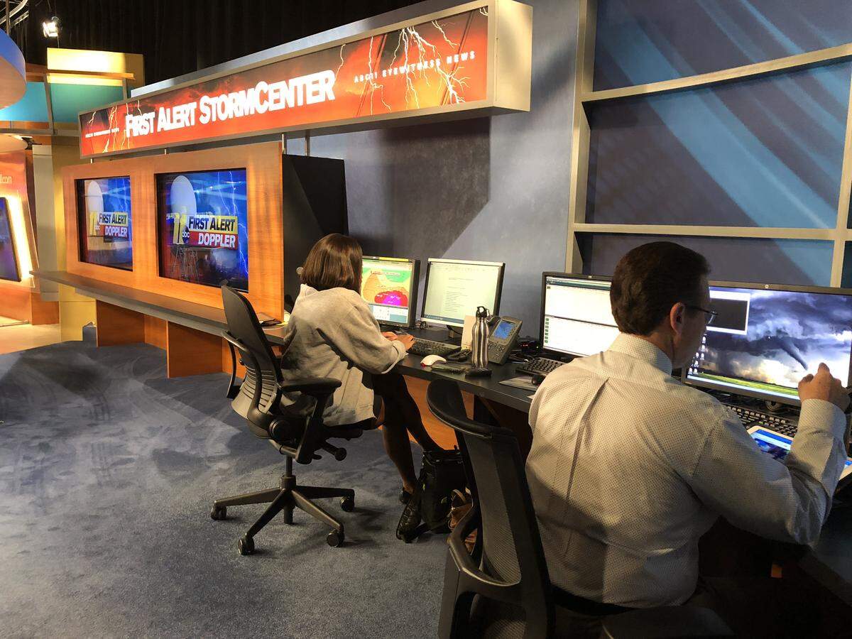 Meteorologists Brittany Bell, left, and Steve Stewart, in the ABC11 First Alert StormCenter on Sept. 13, 2018.