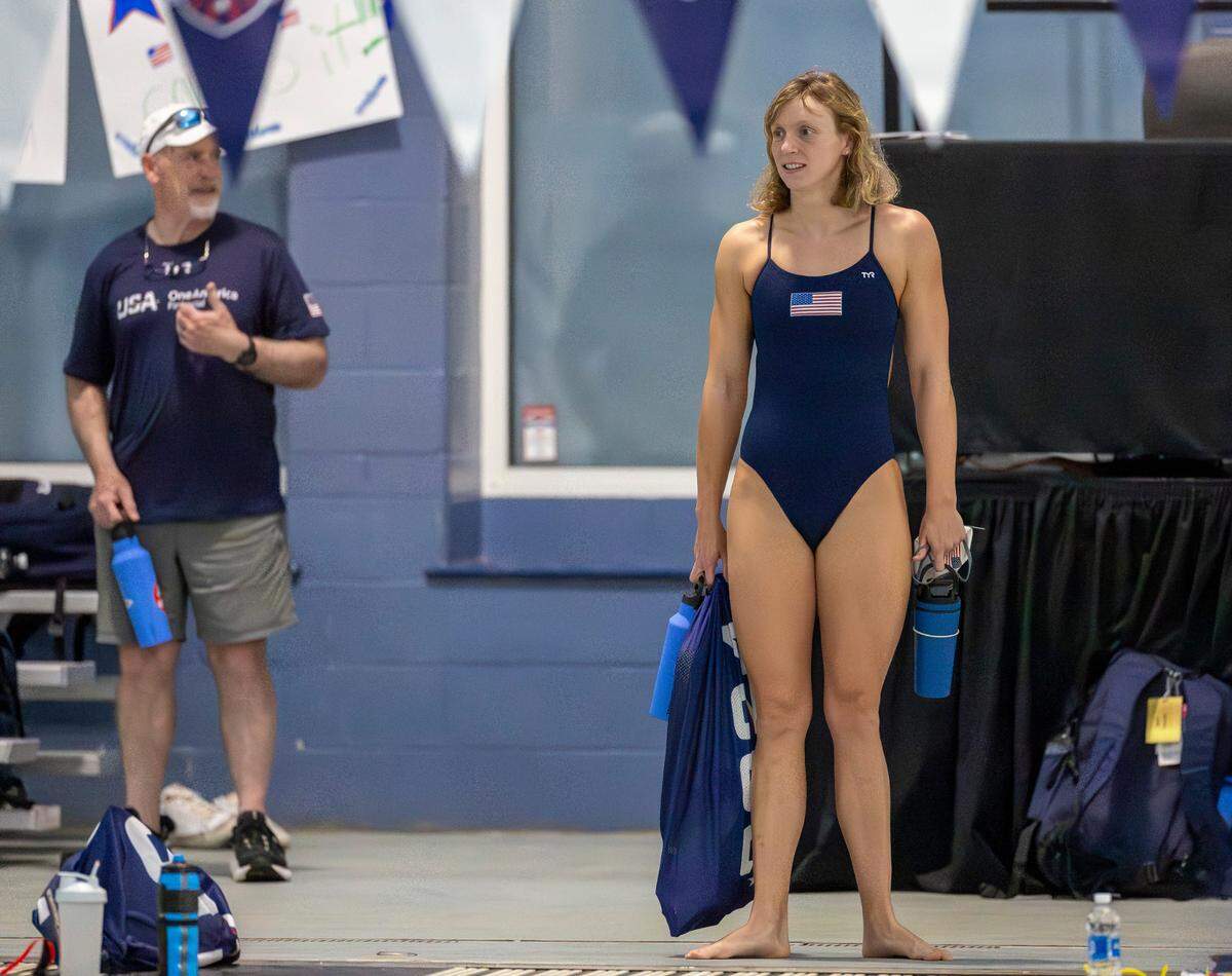 Olympic gold medalist Katie Ledecky arrives for the 2024 United States Olympic Swim Team practice on Saturday, July 6, 2024 at the Triangle Aquatic Center in Cary, N.C.