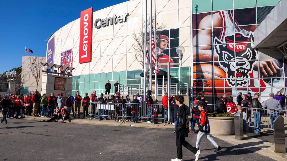 Carolina Hurricanes fans line up to enter the Lenovo Center for the game against Anaheim on Sunday, January 12, 2025 in Raleigh, N.C.