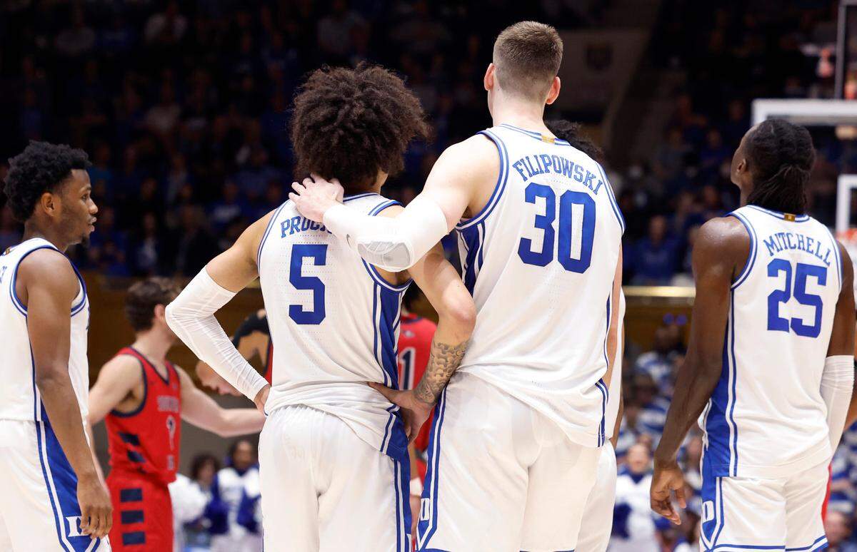 Duke’s Tyrese Proctor (5) and Kyle Filipowski (30) talk during the second half of Duke’s 80-62 victory over Southern Indiana at Cameron Indoor Stadium in Durham, N.C., Friday, Nov. 24, 2023.