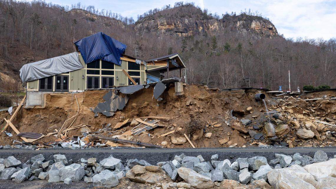 The Burntshirt Vineyards Tasting Room and Bistro, shown on Wednesday, December 18, 2024, suffered severe damage from Hurricane Helene flooding along the Rocky Broad River in Chimney Rock, N.C. 