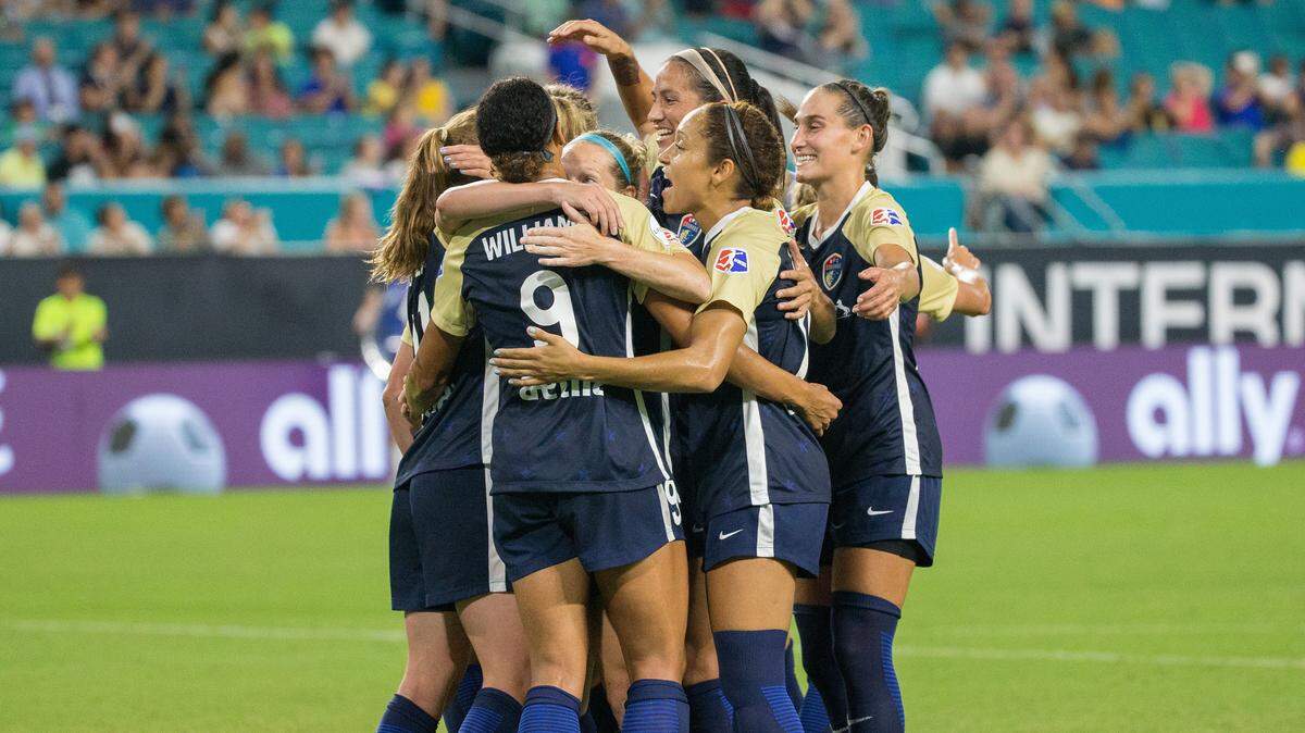 North Carolina Courage celebrates their first goal during the final of the 2018 Women’s International Champions Cup against Olympique Lyonnais in Miami Gardens, Fla. on July 29, 2018. This year’s Women’s International Champions Cup will be held Aug. 15-18 at Sahlen’s Stadium at WakeMed Soccer Park in Cary. 