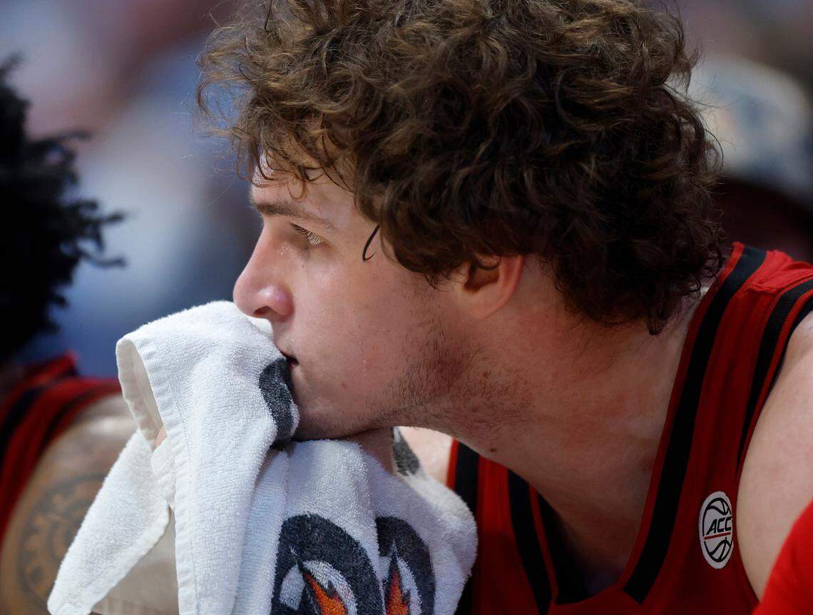 N.C. State’s Ben Middlebrooks watches during the second half of the Wolfpack’s 97-73 loss to North Carolina on Wednesday, Feb. 19, 2025, at the Smith Center in Chapel Hill, N.C.
