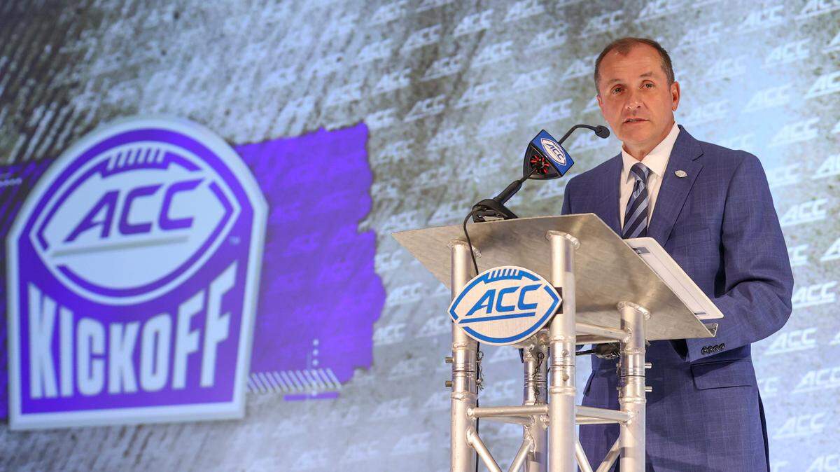 Atlantic Coast Conference commissioner Jim Phillips speaks during the NCAA college football ACC media days in Charlotte, N.C., Wednesday, July 21, 2021.