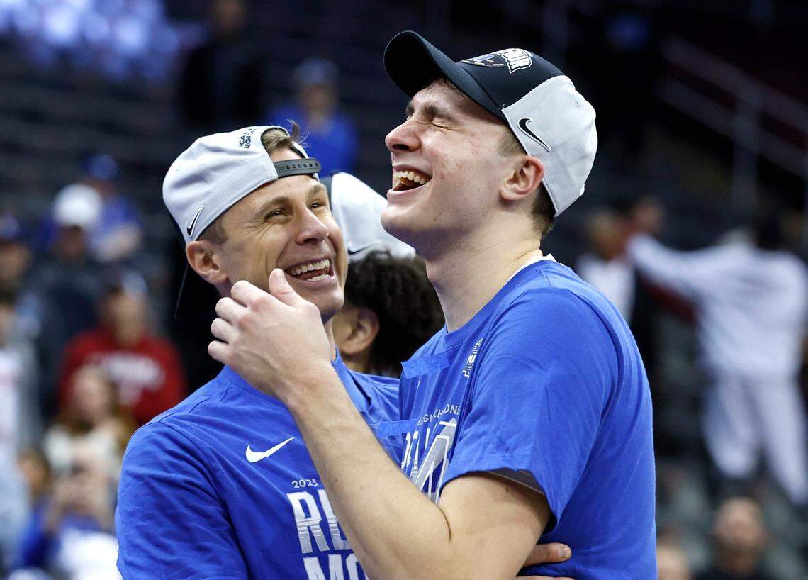 Duke’s head coach Jon Scheyer laughs with Cooper Flagg after Duke’s 85-65 victory over Alabama in their Elite 8 game in the 2025 NCAA Men’s Basketball Championship at the Prudential Center in Newark, N.J., Saturday, March 29, 2025.