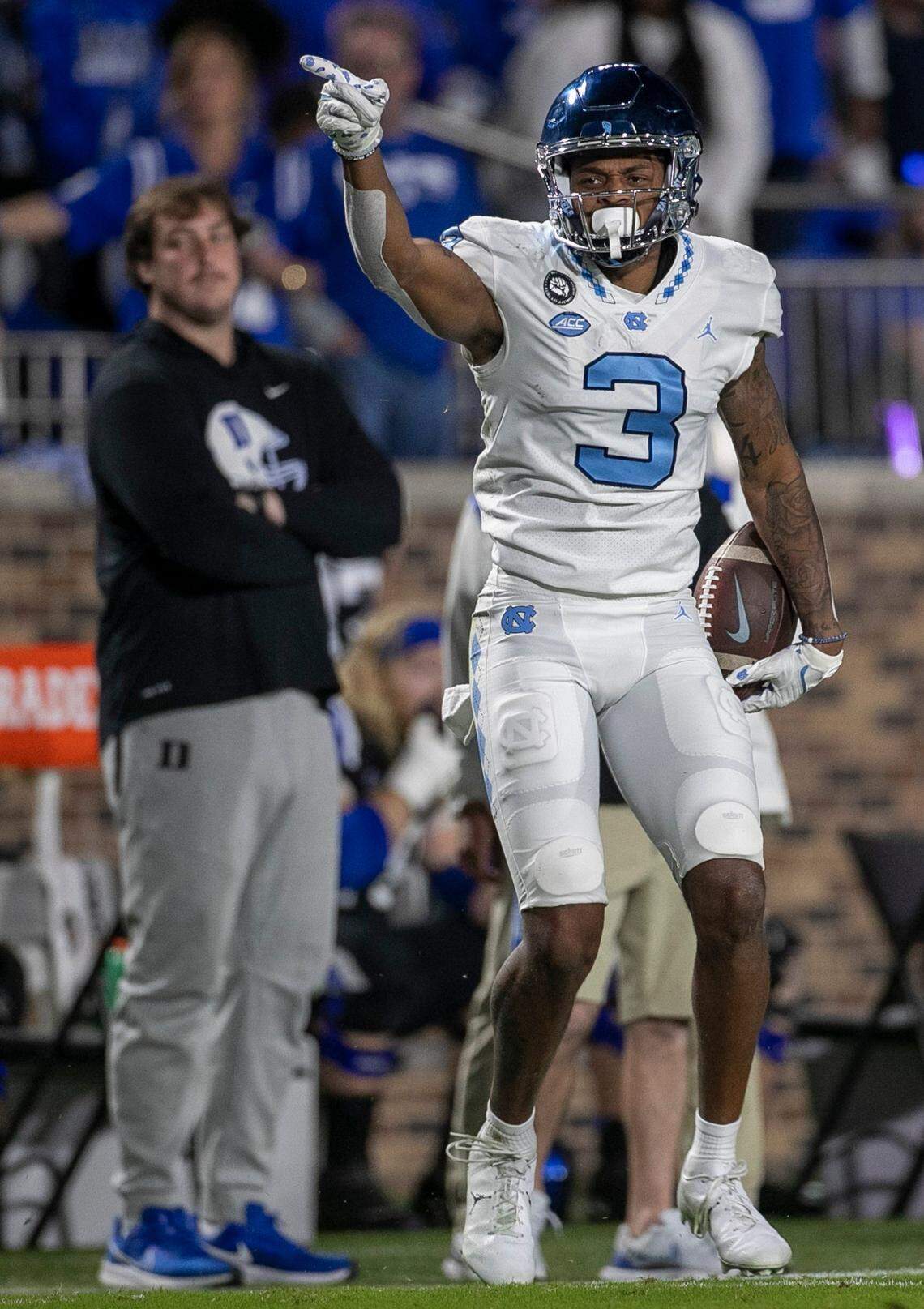 North Carolina’s Antoine Green (3) reacts after a 53-yard pass from quarterback Drake Maye (10) for a first down in the first quarter on Saturday, October 15, 2022 at Wallace-Wade Stadium in Durham, N.C.