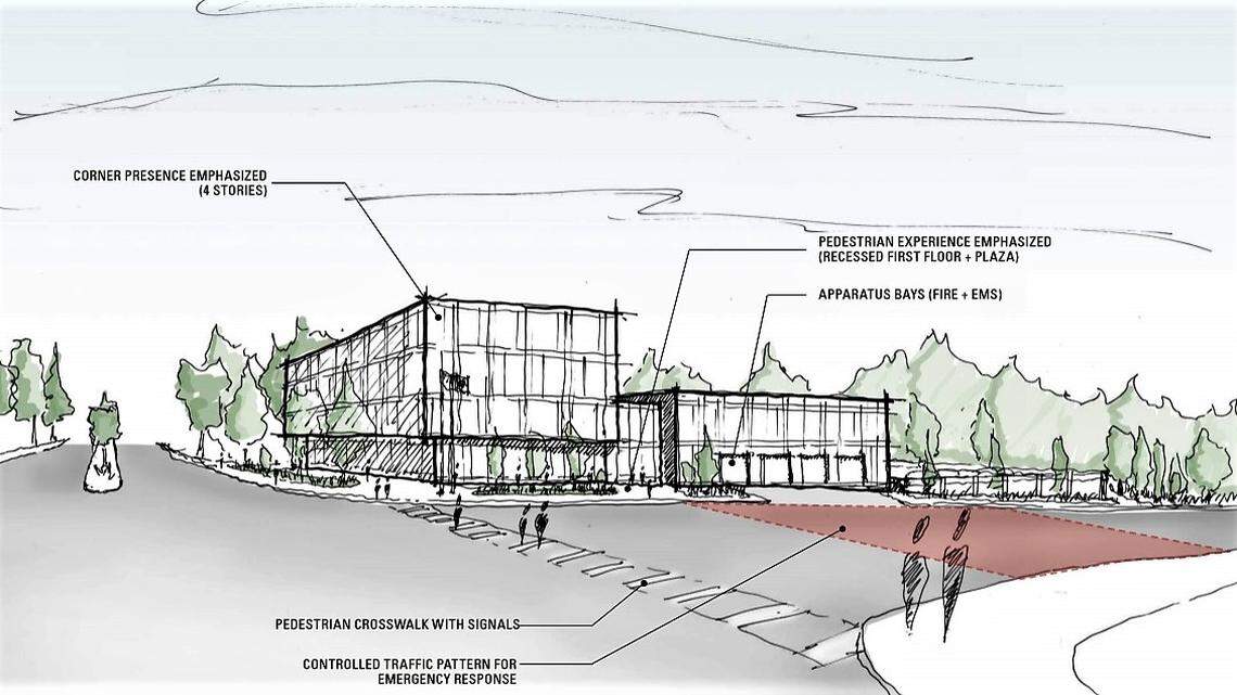 A four-story municipal center proposed at the corner of Weaver Dairy Road Extension and MLK Jr. Boulevard could include space for the Police Department, Fire Station 4, a county EMS unit, and information technology and Parks and Recreation offices.