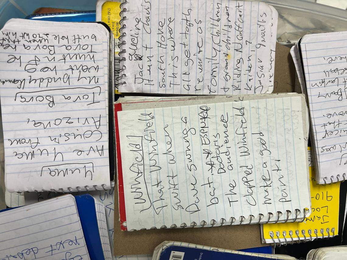 A sample of James Locklear’s pun notebooks, which has entries running into the thousands.