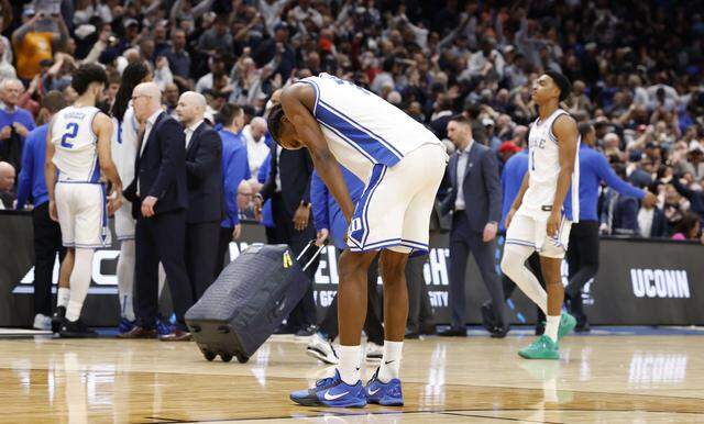 Duke’s Dame Sarr (7) reacts after UConn’s 73-72 victory over Duke in the NCAA Men’s Tournament East Regional Final at Capital One Arena in Washington, D.C., Sunday, March 29, 2026.