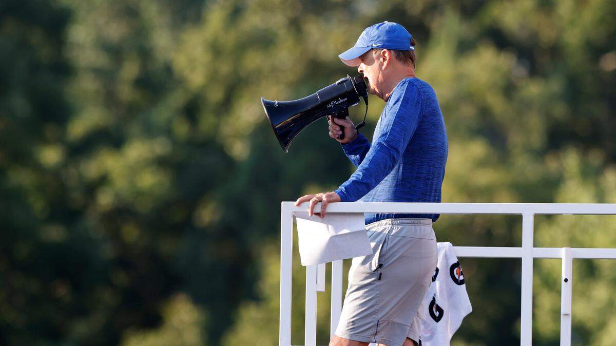 Duke head coach David Cutcliffe instructs his team during Duke’s first practice of fall camp in Durham, N.C., Thursday, August 5, 2021.