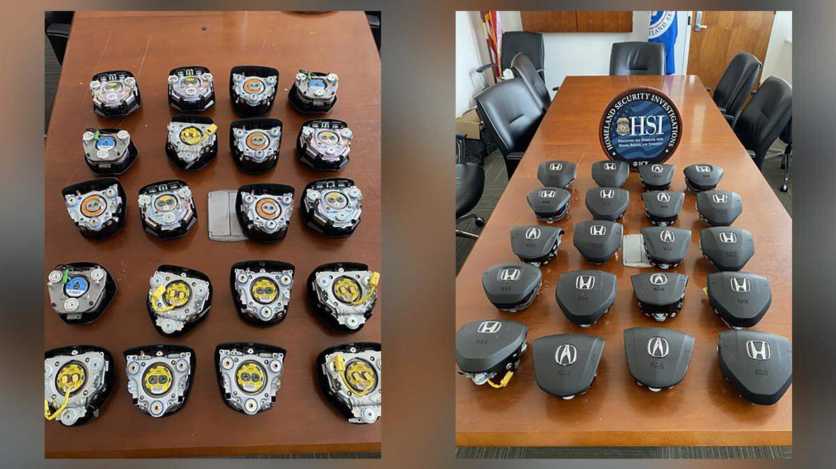 Photos show counterfeit airbags from the case where a Raleigh man pled guilty today to importing thousands of counterfeit car steering wheel airbags into the Raleigh area over the past two years. The counterfeit airbags were sold locally and to online buyers through Facebook Marketplace.