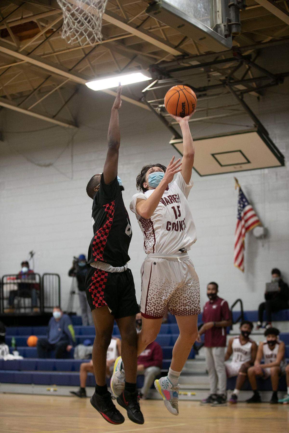Warren County’s Aaron Bolton (15) drives to the basket during game against Bunn High School on Tuesday, February, 2, 2021 in Warrenton, N.C.