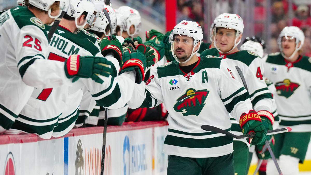 Minnesota Wild right wing Mats Zuccarello (36) celebrates his goal against the Carolina Hurricanes during the first period at Lenovo Center.