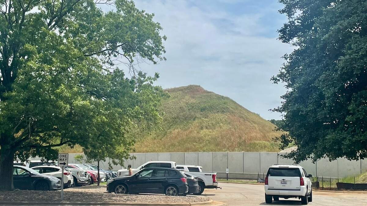 “Mount Beltline,” as seen from the parking lot at the N.C. State University Club. It’s actually a 30-foot-tall mountain of dirt that resulted from the widening of I-440 in Raleigh.