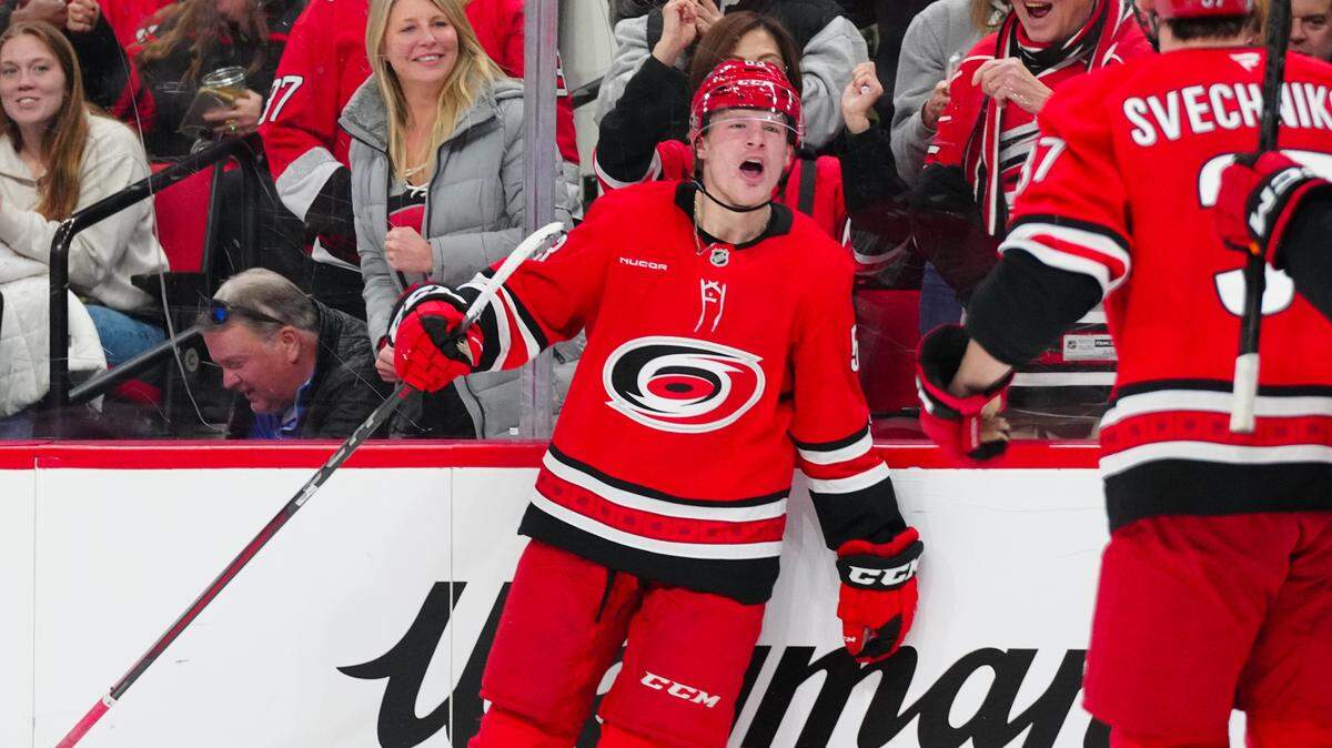 Carolina Hurricanes right wing Jackson Blake (53) celebrates his goal against the Vegas Golden Knights during the third period at Lenovo Center.