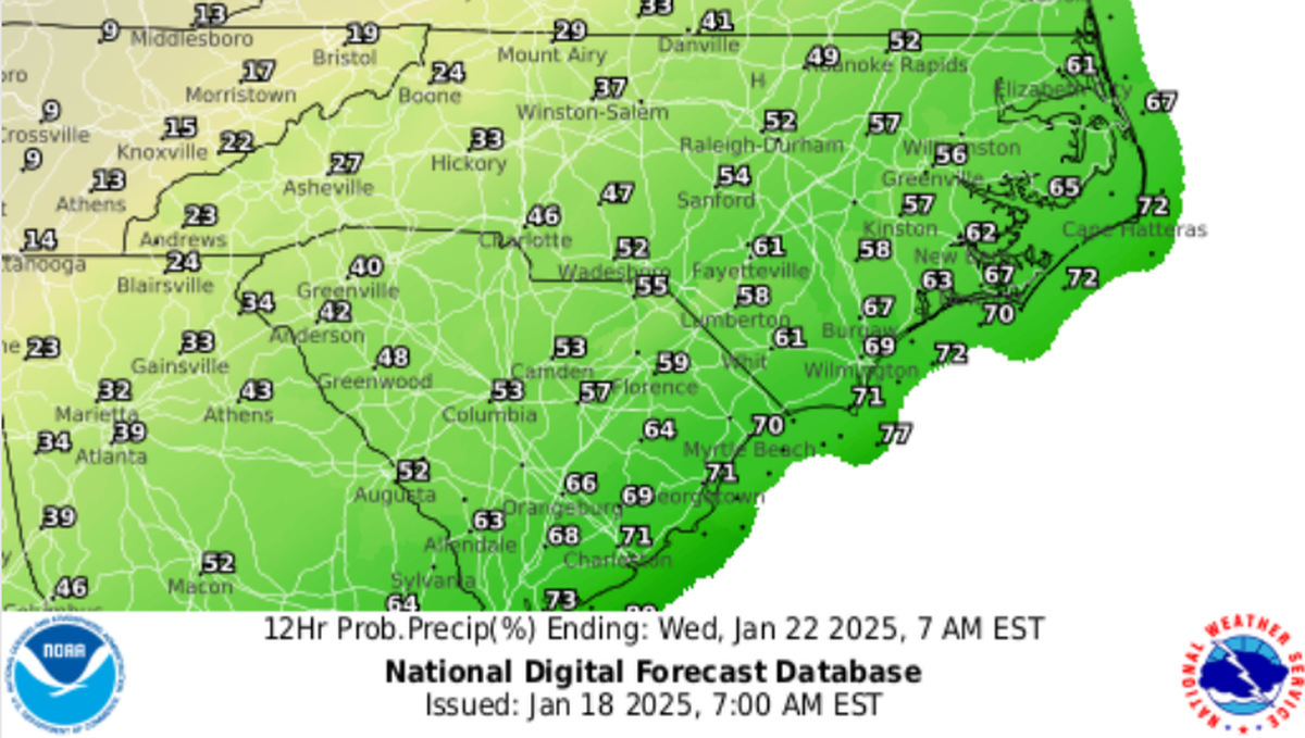 The National Weather Service forecast showing chance of frozen precipitation Tuesday night, Jan. 21.