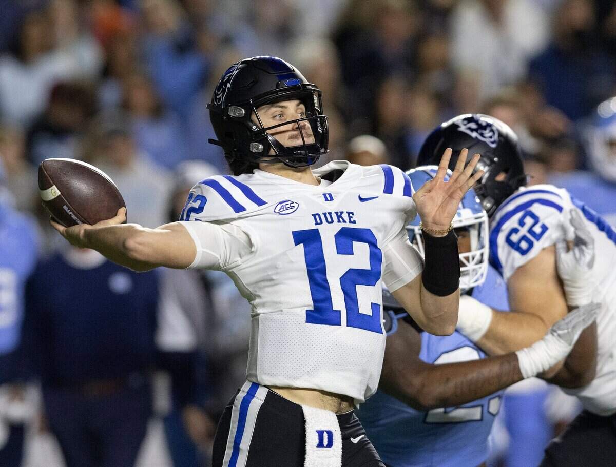 Duke’s Grayson Loftis looks to pass during the first half of the Blue Devils’ game against North Carolina on Saturday, Nov. 11, 2023, at Kenan Stadium in Chapel Hill, N.C.