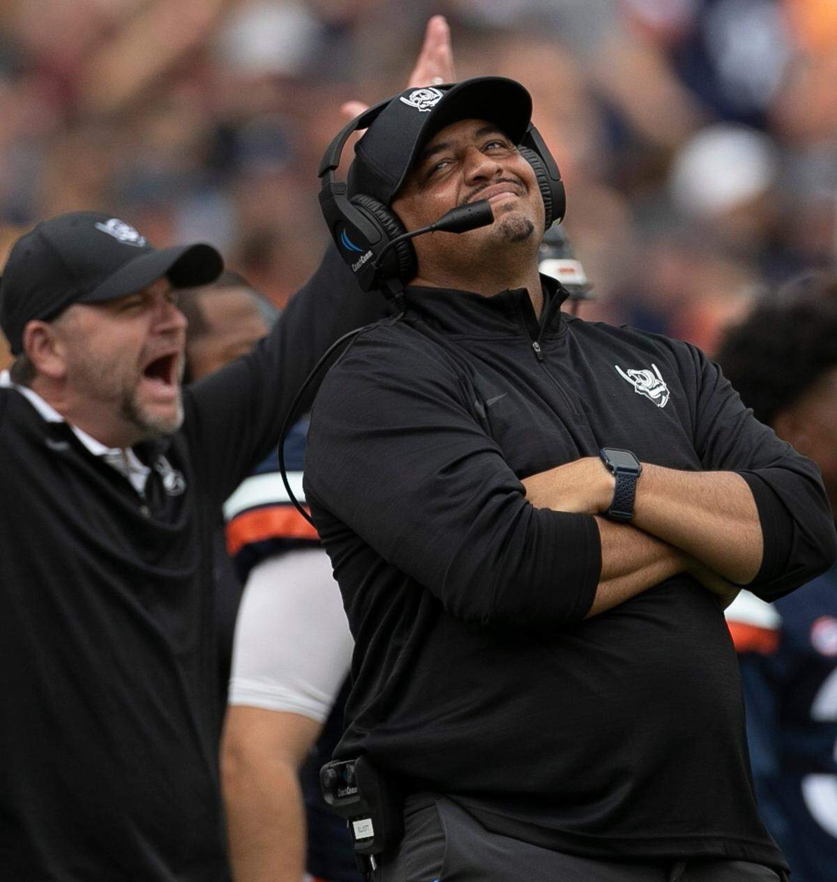 Virginia coach Tony Elliott reacts to a pass interference call against his team in the first quarter against North Carolina on Saturday, November 5, 2022 at Scott Stadium in Charlottesville, Va.
